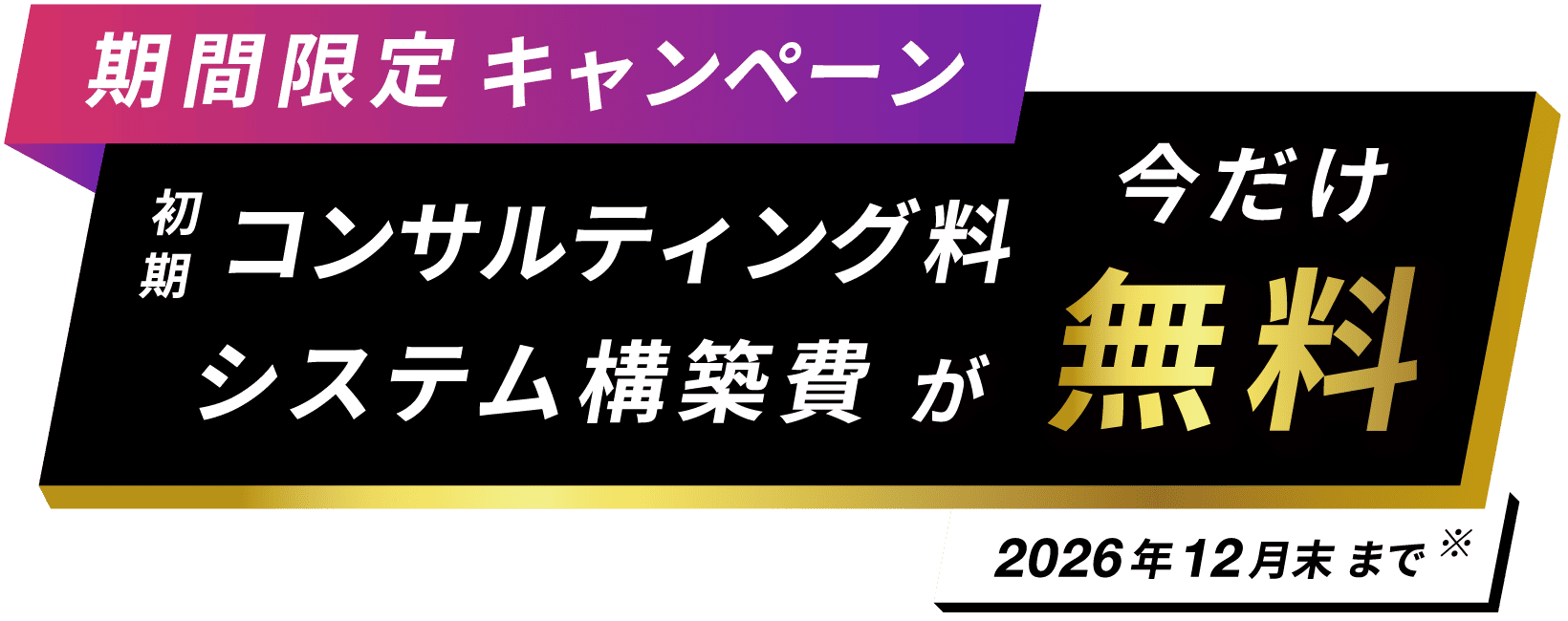 期間限定キャンペーン　初期コンサルティング料/システム構築費が今だけ無料 2026年12月末まで